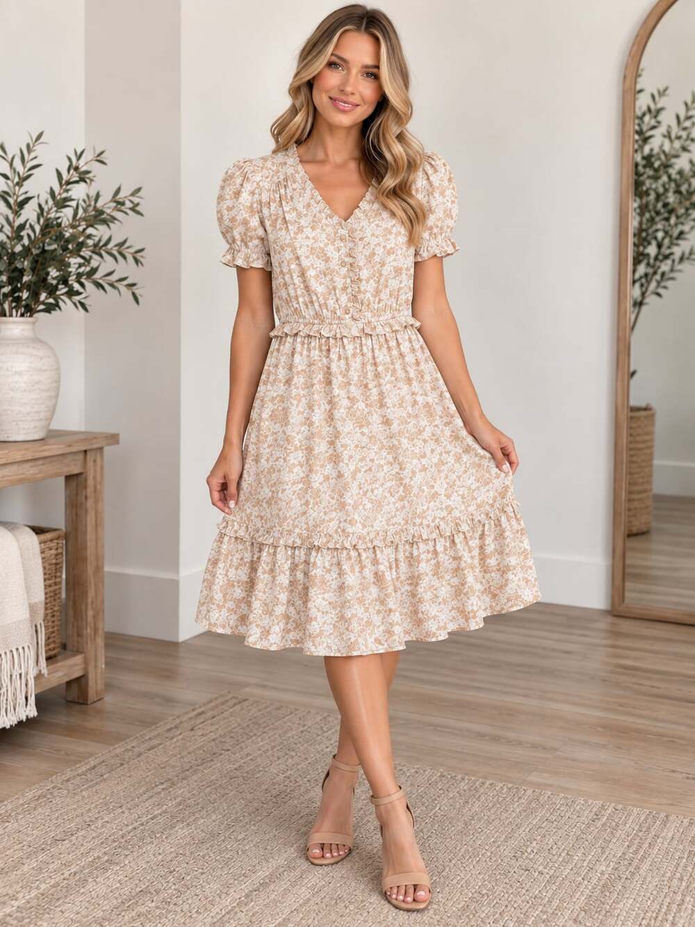 DownEast Floral Midi Dress M Beige White Puff Sleeve Ruffle Button Cottagecore